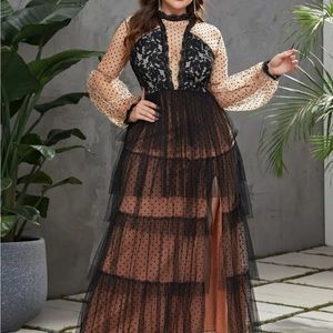 Polka Dot Lace Insert Lantern Sleeve Split Thigh Mesh Dress